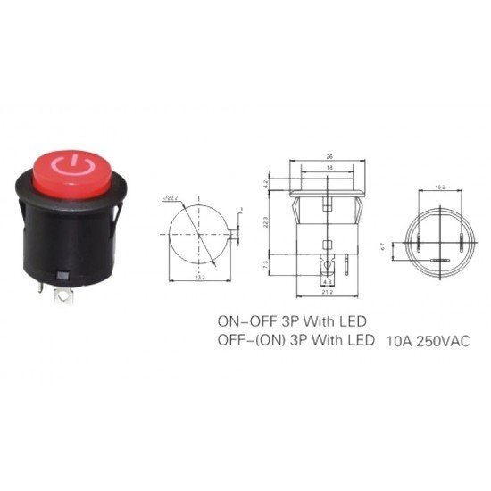 26mm Yaylı Rocker Buton Işıksız 'Power' Simgeli