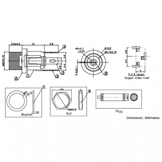 DC Jak Üstten Somunlu 2.1mm Ø8mm