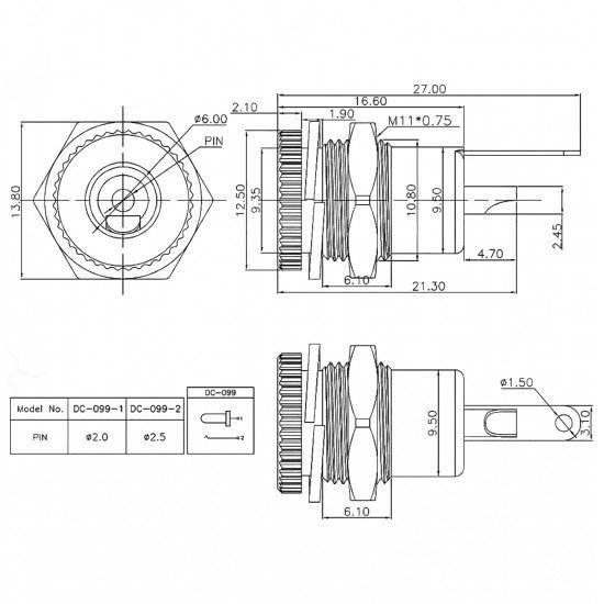 DC Jak 2.1mm Metal Ø12mm