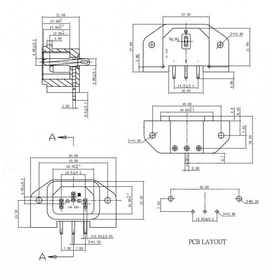 C14 Power Soket Erkek Kulaklı 90° PCB