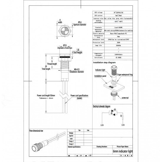 D6S 6MM METAL KABLOLU SİNYAL LAMBASI 12-24V