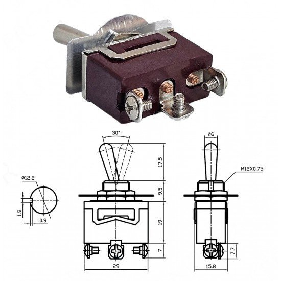 Toggle Switch 3P ON-OFF-ON Ø12mm KNC3-103