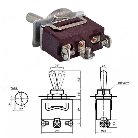 Toggle Switch 3P ON-OFF-MOM Ø12mm KN3C-113
