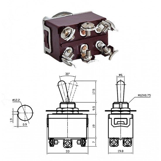 Toggle Switch 6P ON-OFF Ø12mm KN3C-202