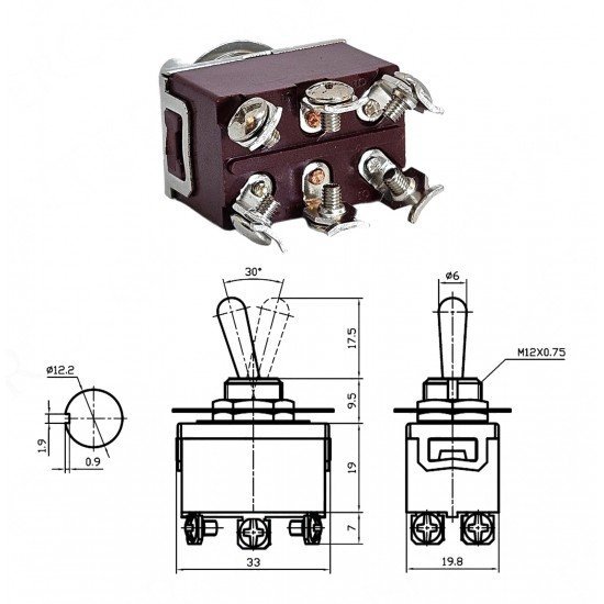 Toggle Switch 6P ON-OFF-MOM Ø12mm KN3C-213